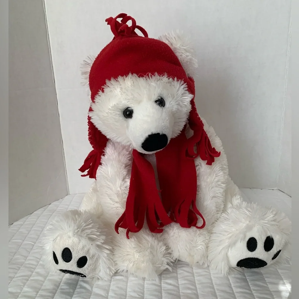 Belkie Bear Stuffed Animal 2009 Polar Furry Scarf Hat White Red Plush